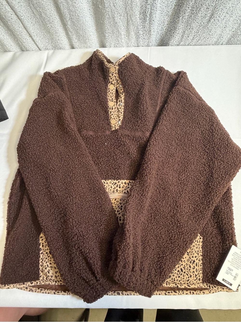 Gilli Brown Sherpa Pullover with Leopard Trim